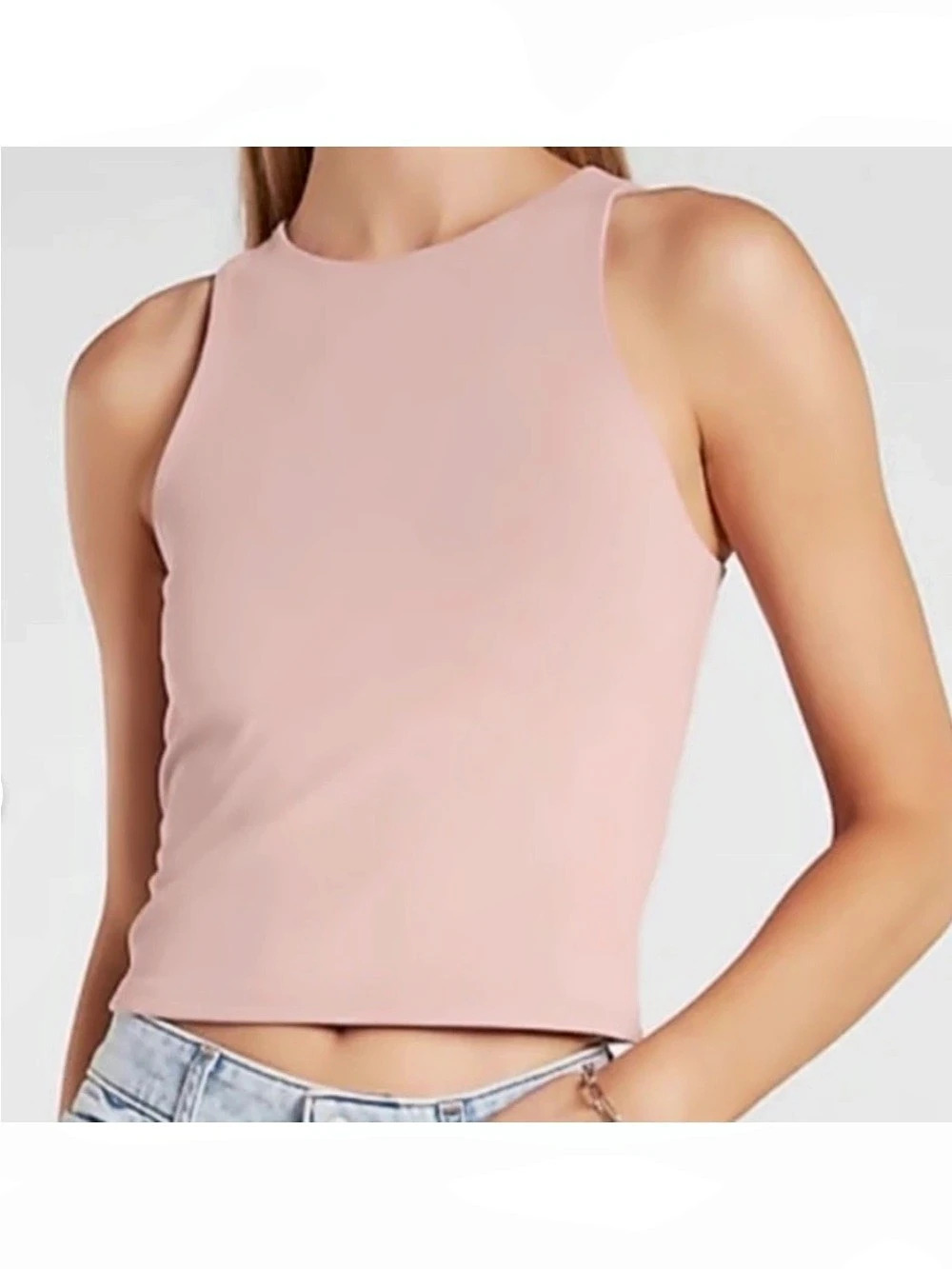 Express Body contour cropped Top Tank Fitted High Neck Sleeveless rose pink Med